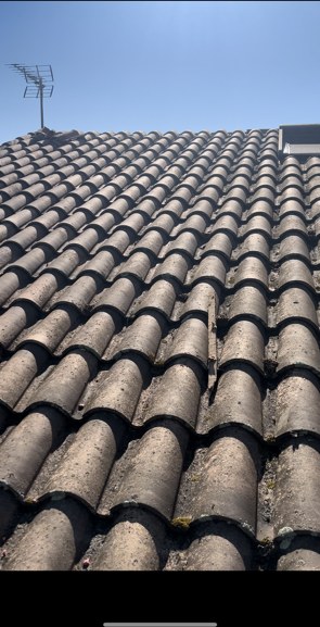 Pan de toiture en tuiles romanes entièrement grisé par l'encrassement, photographié depuis le bas du versant sous un ciel bleu